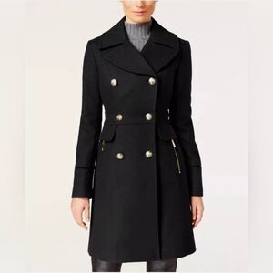 Vince Camuto Double Breasted Wool Blend Military Coat Peacoat Black Gold, XS